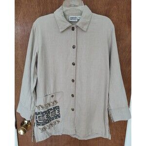 Chico's Design size 1 (M/8) 100% linen beaded pocket button up shirt long sleeve